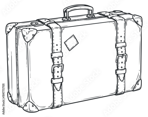 A vintage suitcase with straps and a diamond tag in black and white outline vector style, ideal for travel-themed designs