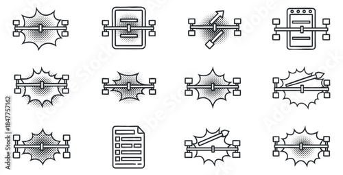 A set of graphic design icons representing editing tools and elements in modern outline vector style, suitable for user interface design