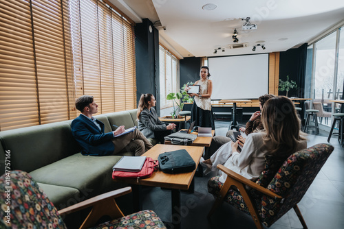 Bilde på lerret A group of colleagues gathers in a bright, modern office lounge as one person presents notes on a tablet while others listen, discuss, and take notes around a central table