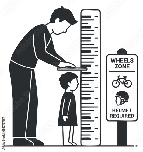 A parent measuring a child's height next to a height requirement sign in black and white vector style, ideal for educational materials and safety guidelines