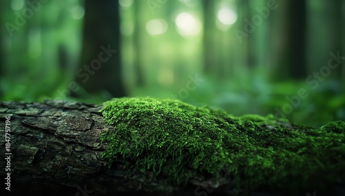 Mossy Forest Floor with Sunlight Filtering Through Trees in Background, Nature's Serenity and Tranquility