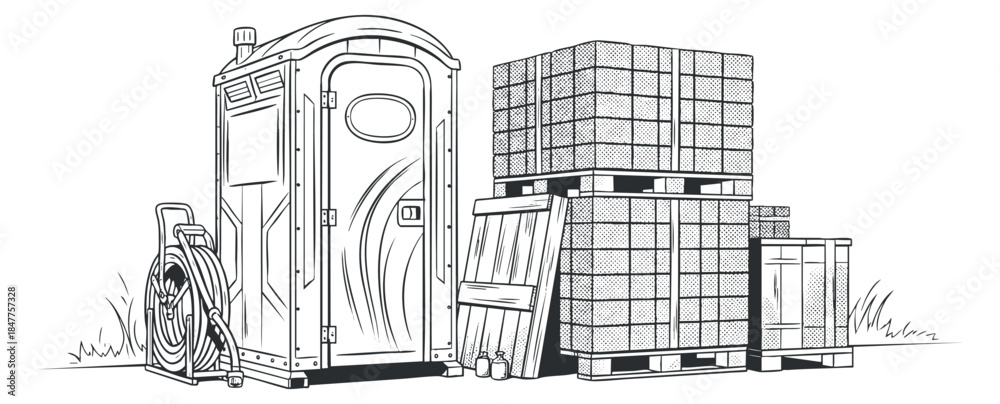 Fototapeta premium A portable toilet next to stacked crates and equipment in minimalist black and white vector style, suitable for construction site illustrations