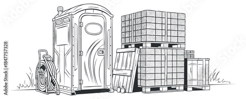 A portable toilet next to stacked crates and equipment in minimalist black and white vector style, suitable for construction site illustrations