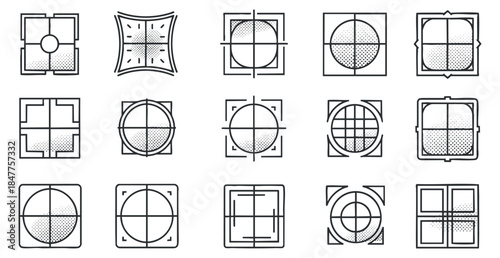 A collection of geometric outline icons featuring various shapes and patterns in minimalist vector style, ideal for graphic design projects