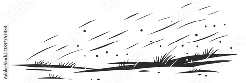 A stylized depiction of a grassy landscape with blowing wind in black and white minimalist vector style, suitable for nature-themed projects