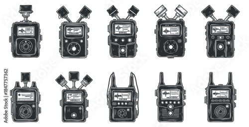 A collection of audio recording devices and microphones in detailed black and white outline vector style, ideal for media production and design