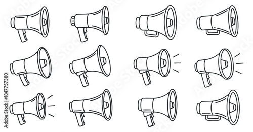A collection of megaphones in outline vector style, ideal for communication and marketing projects