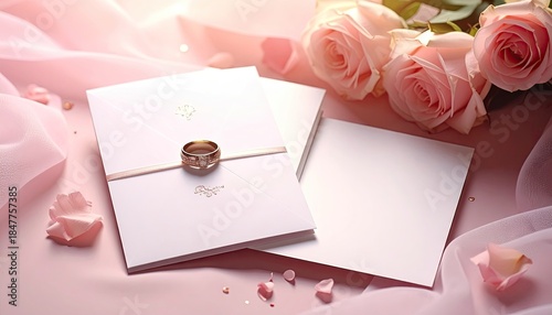 Elegant wedding invitation with roses and wax seal on pink background.