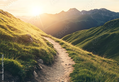 Serene Mountain Landscape with Winding Dirt Path at Sunset, Green Hills and Majestic Peaks in Distance