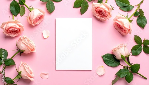 Soft pink roses and petals arranged around a blank white card on a pastel pink background.