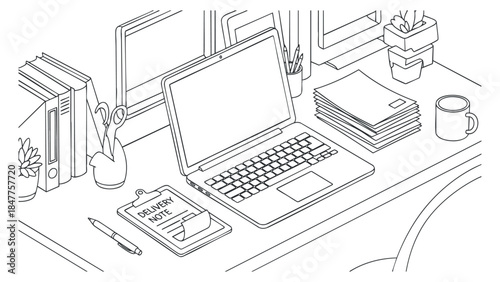 A minimalist line art illustration of a workspace featuring a laptop, delivery note, and stationery items, perfect for office design projects