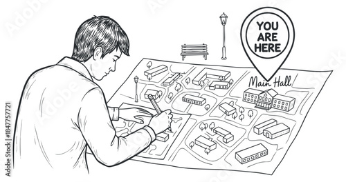 A man drawing a city map with landmarks and a 'You Are Here' sign in outline vector style, ideal for navigation and urban planning