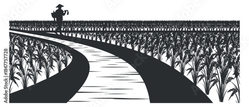 A silhouette of a farmer walking along a winding path through rice fields in black and white vector style, ideal for agricultural themes