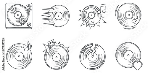 A collection of vinyl record icons and turntables in outline vector style, perfect for music-related designs and branding
