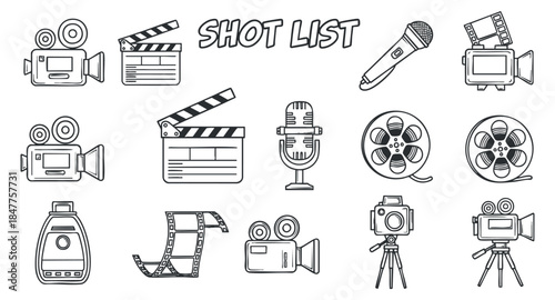A collection of filmmaking equipment icons including cameras, a clapperboard, and a microphone in minimalist vector style, suitable for media and production projects