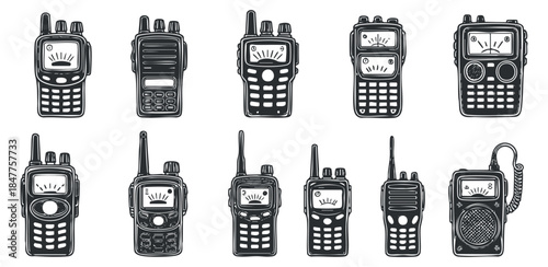 A collection of vintage communication devices including walkie-talkies and radios in black and white vector style, suitable for technology-themed designs
