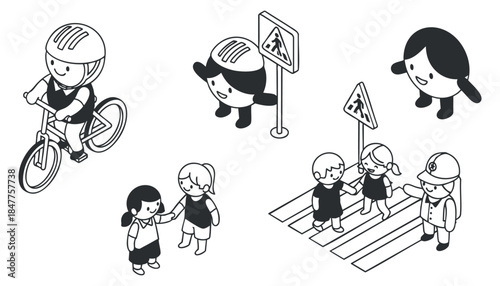 A collection of children engaging in activities including biking, walking, and crossing a street in black and white minimalist vector style, ideal for educational materials and safety campaigns