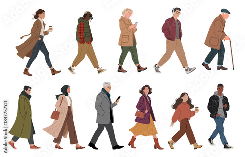 Set of diverse people walking in an autumn or winter city setting, featuring minimalist design, muted colors, and contemporary urban style. Flat vector illustration isolated on transparent background