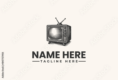 Vector illustration of a vintage television with antennae and customizable name and tagline text on a plain background.