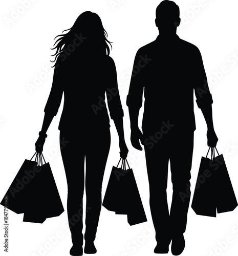 Black Silhouette Vector of a Happy Couple Walking Together While Carrying Shopping Bags, Illustrating Retail Therapy, Sales, Consumerism, and Leisure Time.