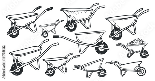 A collection of various wheelbarrows in black and white outline vector style, suitable for gardening and landscaping projects