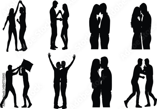 Romantic and Expressive Black Silhouette Set of Diverse Couples Hugging, Dancing, Kissing, and Arguing, Illustrating Various Relationship Moments and Dynamics.