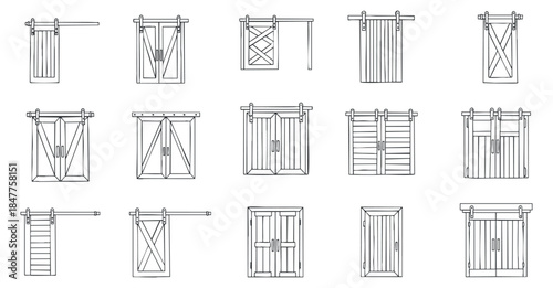 A collection of various barn door designs in clean outline vector style, suitable for architectural and interior design projects