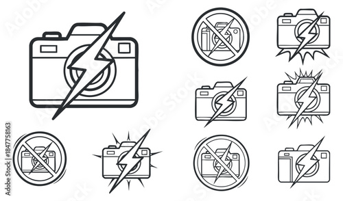 A collection of camera icons with flash symbols in black and white outline vector style, suitable for photography-related designs and signage