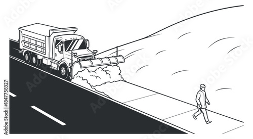 A snowplow truck clearing snow from a road in black and white outline vector style, suitable for winter service illustrations