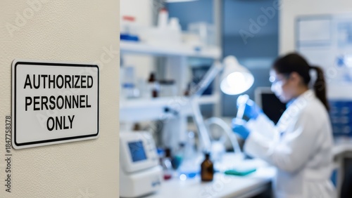 Authorized personnel only sign on wall in laboratory setting with scientist working in background