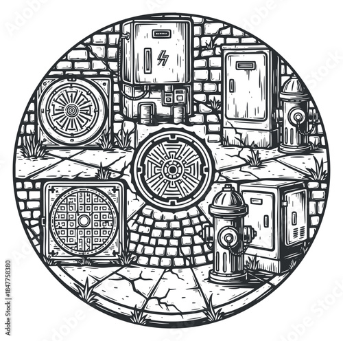 A circular illustration featuring various utility elements like manhole covers, fire hydrants, and electric boxes in detailed black and white line art style, ideal for urban design projects