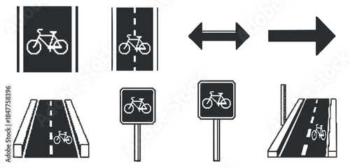 A collection of bicycle-related road signs and icons in black and white minimalist vector style, ideal for urban planning and cycling navigation