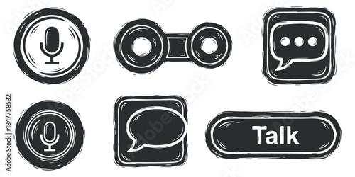 A collection of communication icons including a microphone, speech bubbles, and a talk button in black and white outline vector style, suitable for app design and user interfaces