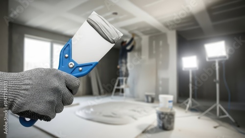 Hand in protective glove holding putty knife during drywall finishing work in construction site interior