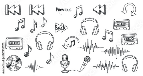 A collection of music-themed icons including cassettes, microphones, headphones, and sound waves in a playful outline vector style, perfect for audio-related projects
