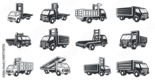 A collection of various truck illustrations in black and white outline vector style, suitable for transportation and logistics projects
