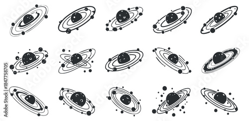 A collection of stylized planets with rings in black and white minimalist vector style, perfect for educational materials and space-themed designs