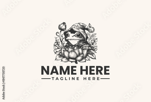 A black and white vector illustration of a smiling frog wearing sunglasses, surrounded by floral elements and text placeholders for a logo or brand name on a clean background.