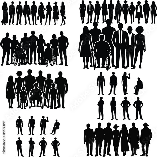 Diverse group of people silhouettes standing and sitting