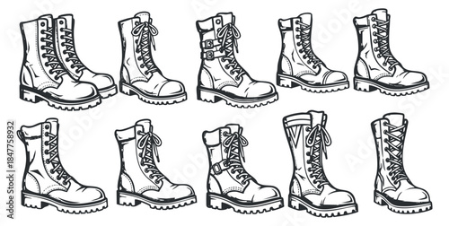 A collection of various boot styles in black and white outline vector illustration, ideal for fashion and footwear design projects