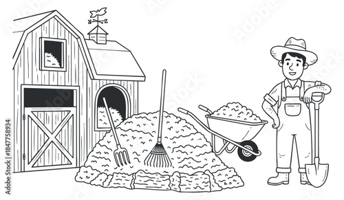 A farmer with a shovel and wheelbarrow next to a barn, in a minimalist black and white vector style, suitable for agricultural illustrations and rural themes