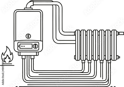 Line Art Illustration of a Home Heating System with Boiler and Radiator, Symbolizing Central Heat, Plumbing, Gas, Home Repair, and HVAC Installation.