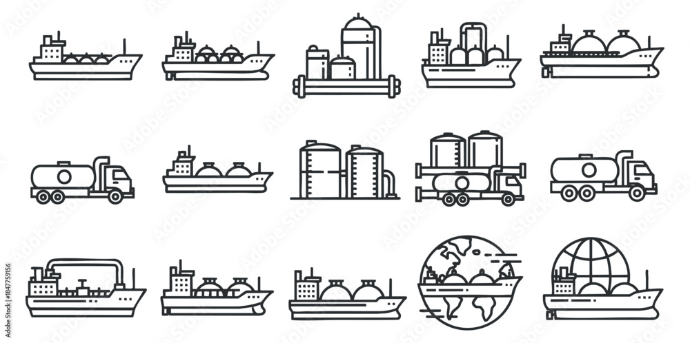 Naklejka premium A collection of shipping and transportation icons including cargo ships, trucks, and global elements in flat outline vector style, suitable for logistics and trade projects