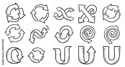 A collection of various arrow and loop icons in black and white outline vector style, ideal for design and navigation projects