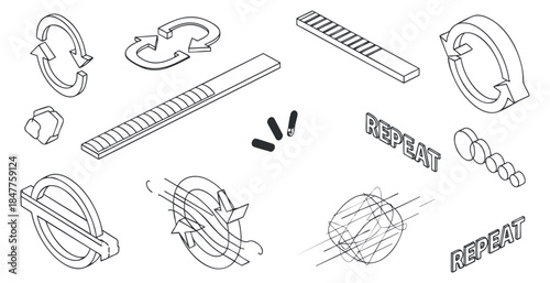 A set of vector icons featuring arrows, loops, and the word 'REPEAT' in a clean black and white outline style, ideal for motion graphics and design projects