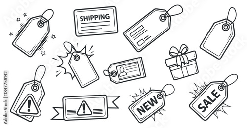A collection of shipping, new, and sale tags in black and white outline vector style, ideal for ecommerce and promotional designs