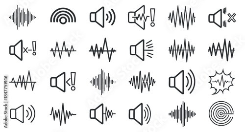 A collection of sound-related icons featuring speakers, sound waves, alerts, and volume symbols in modern minimalist vector style, suitable for audio and technology projects