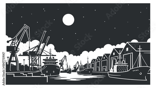 A night scene of ships and cranes in a harbor with a full moon in black and white vector style, suitable for maritime themes or industrial designs