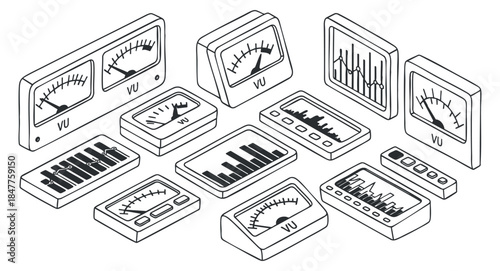 A collection of VU meters and audio level indicators in black and white outline vector style, suitable for music and sound design applications