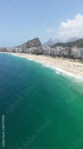 Rio de Janeiro, Brazil, aerial view of Copacabana Beach, Ipanema, the city skyline with the rocky hills full of vegetation, Copacabana Fort, Avenida Atlantica (Atlantic Avenue) and skyscrapers